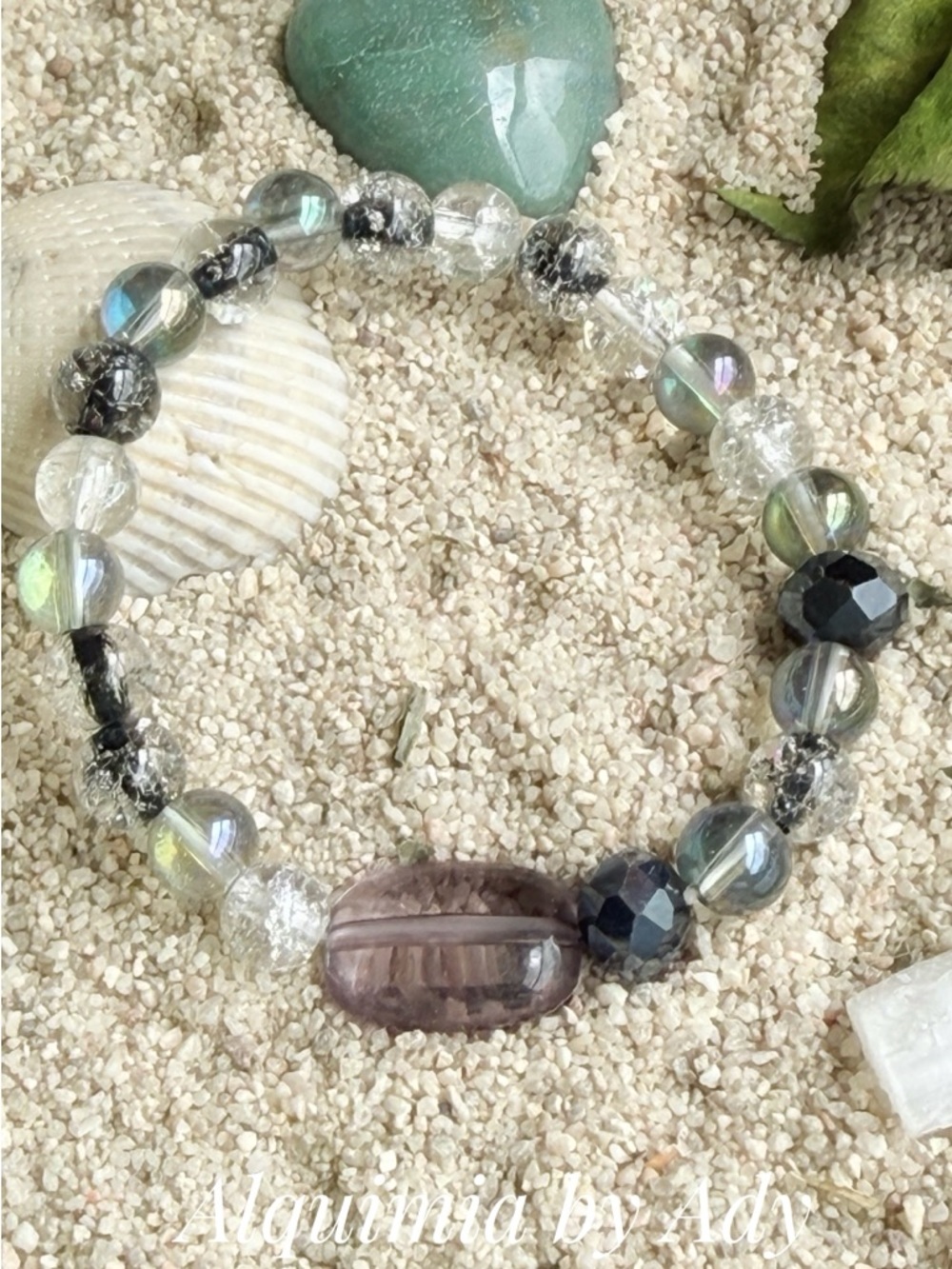 Aura quartz Iridescent and Black Bead Stretch Bracelet